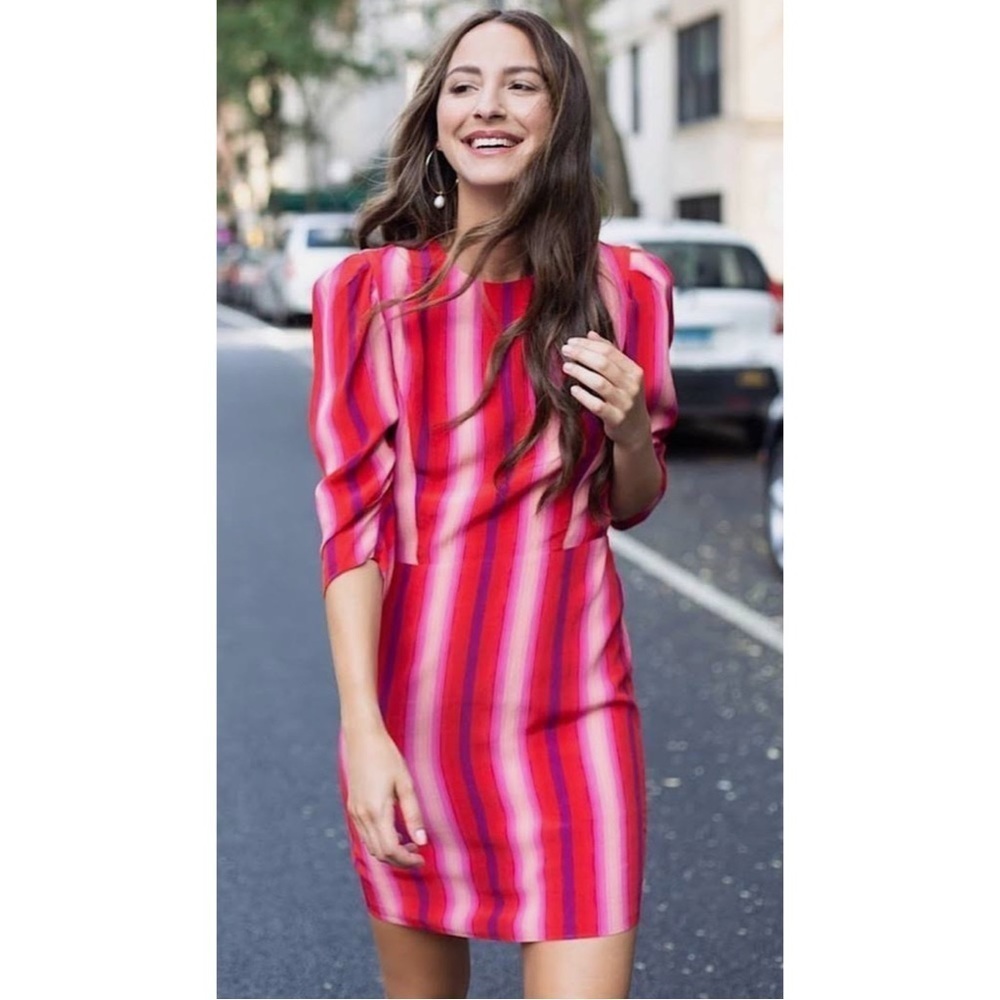 Something Navy Goji Red & Pink Bold Striped Puff Sleeves Crew Mini Dress EUC XS